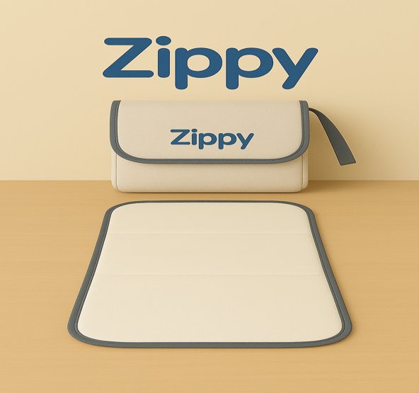 "Zippy™ Travel Changing Mat – Foldable, waterproof diaper changing pad for babies, shown open with built-in storage pockets and soft padded surface."