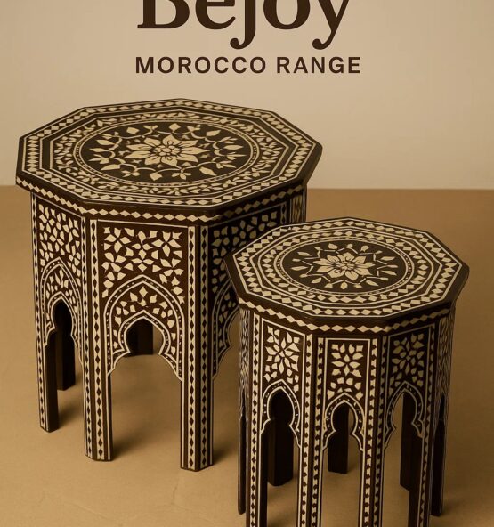 "Handcrafted Moorish inlaid coffee table with mother-of-pearl and bone detailing"