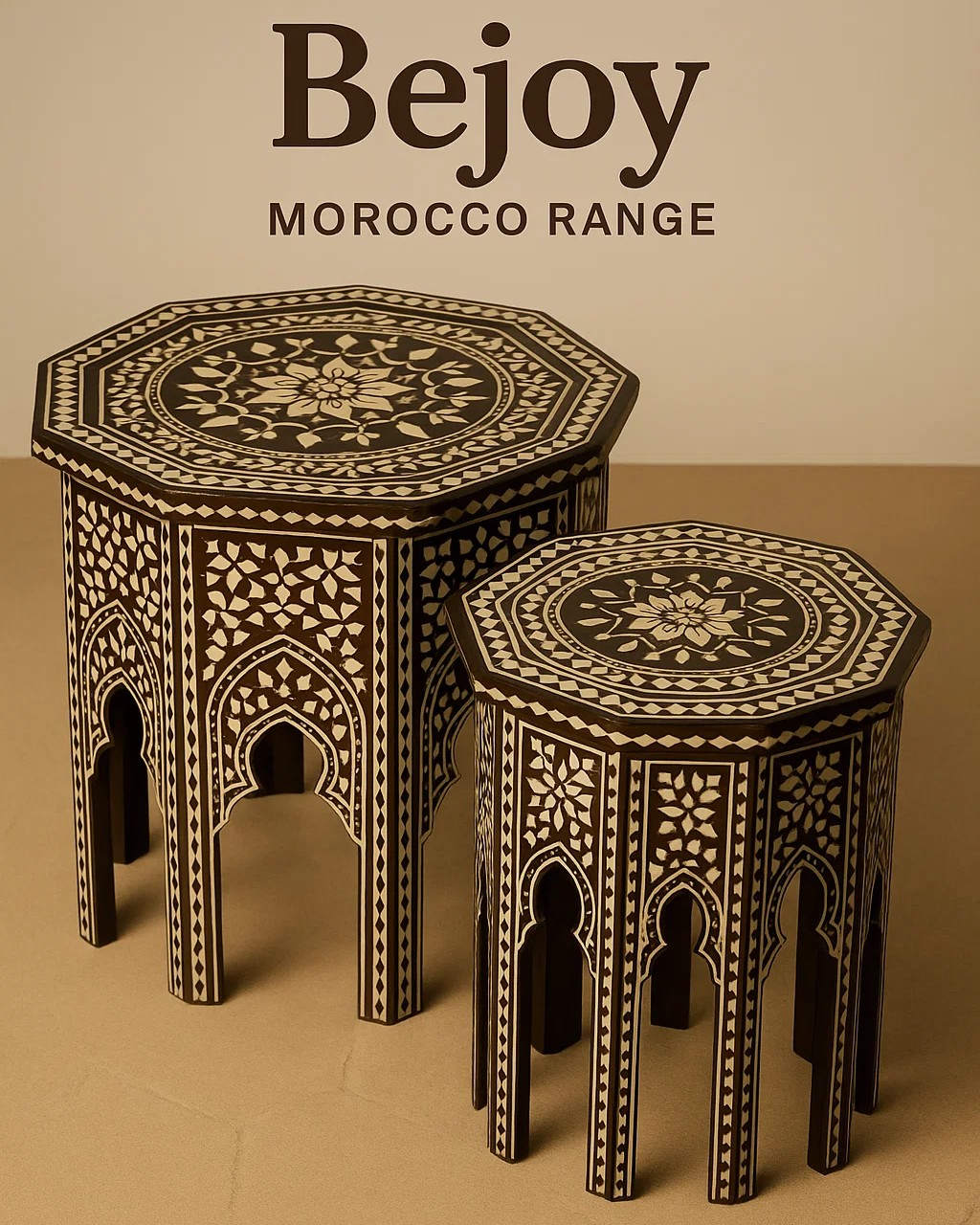 "Handcrafted Moorish inlaid coffee table with mother-of-pearl and bone detailing"