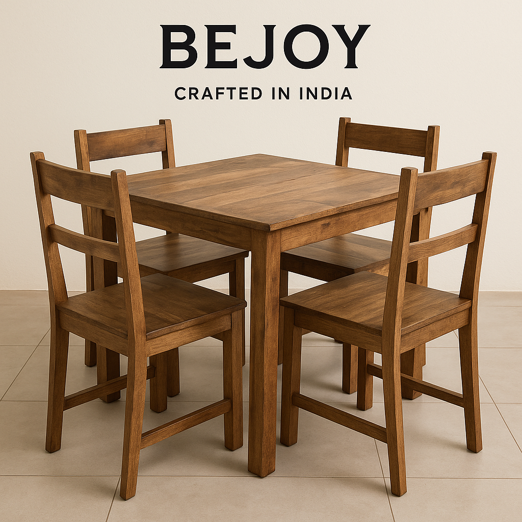 "Rustic mango wood dining table set with handcrafted chairs – ideal furniture for restaurants, cafés, and hotels, made from sustainable solid wood."