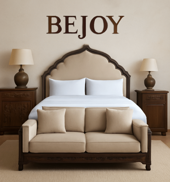 "BeJoy Luxury Riad Suite Bed with intricate Moroccan carvings, crafted from premium wood, designed for luxury hotels and spas."