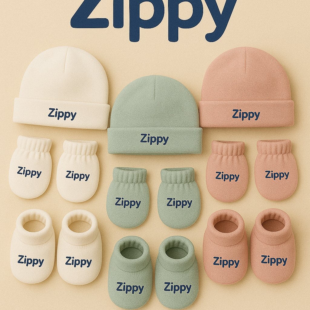 "Zippy™ newborn mittens, booties, and cap set made from soft cotton – breathable, hypoallergenic baby clothing in pastel colors, perfect for infant comfort and safety"
