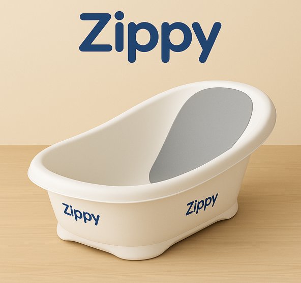 Zippy™ ergonomic baby bathtub with anti-slip surface, non-toxic BPA-free plastic, and supportive design for newborn safety