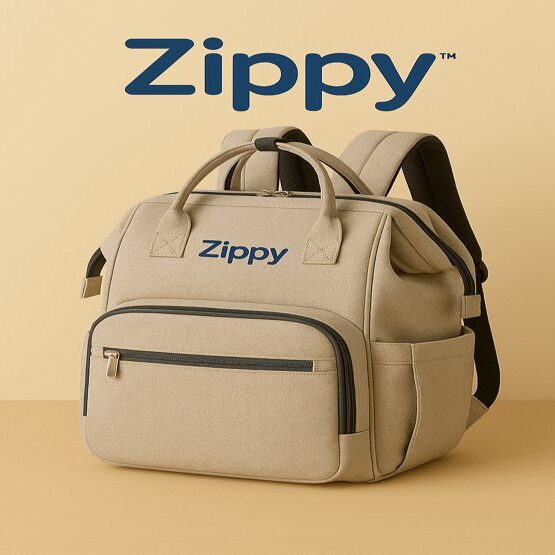 Front view of Zippy™ waterproof diaper bag with multiple compartments and insulated pockets