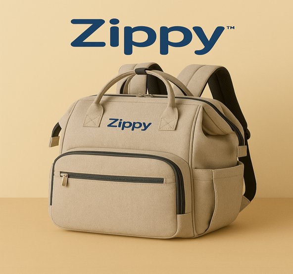 Front view of Zippy™ waterproof diaper bag with multiple compartments and insulated pockets