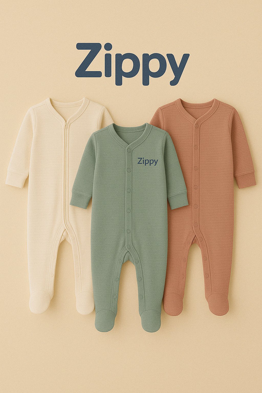 "Three Zippy™ full-length baby rompers and sleepsuits in soft cotton, featuring pastel colors of cream, sage green, and dusty rose, with cozy footed designs and snap button closures, displayed against a beige background with the Zippy™ logo above."