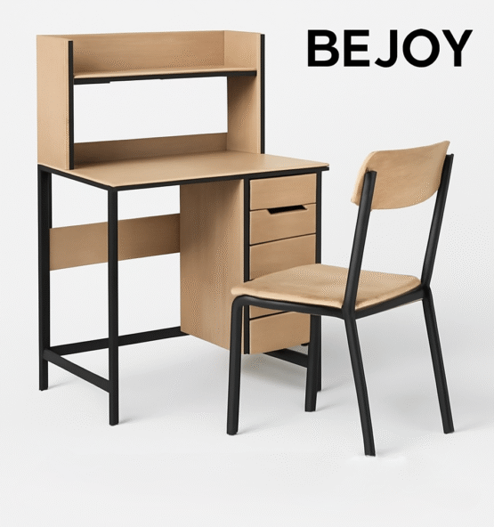 "BeJoy™️ Modular Study Desk Set designed for dorms and small spaces, featuring a compact and ergonomic study desk, comfortable chair, and functional storage units."