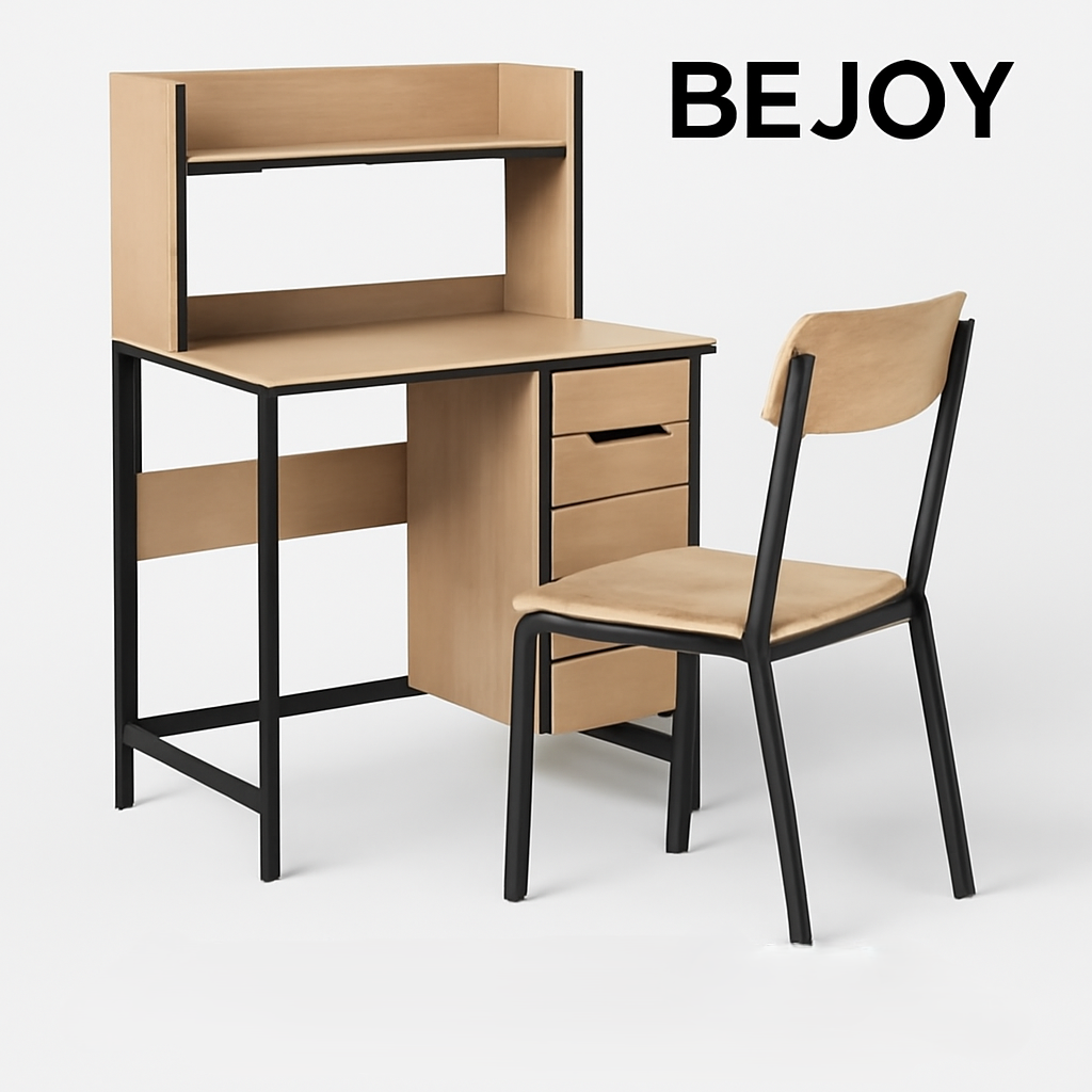"BeJoy™️ Modular Study Desk Set designed for dorms and small spaces, featuring a compact and ergonomic study desk, comfortable chair, and functional storage units."